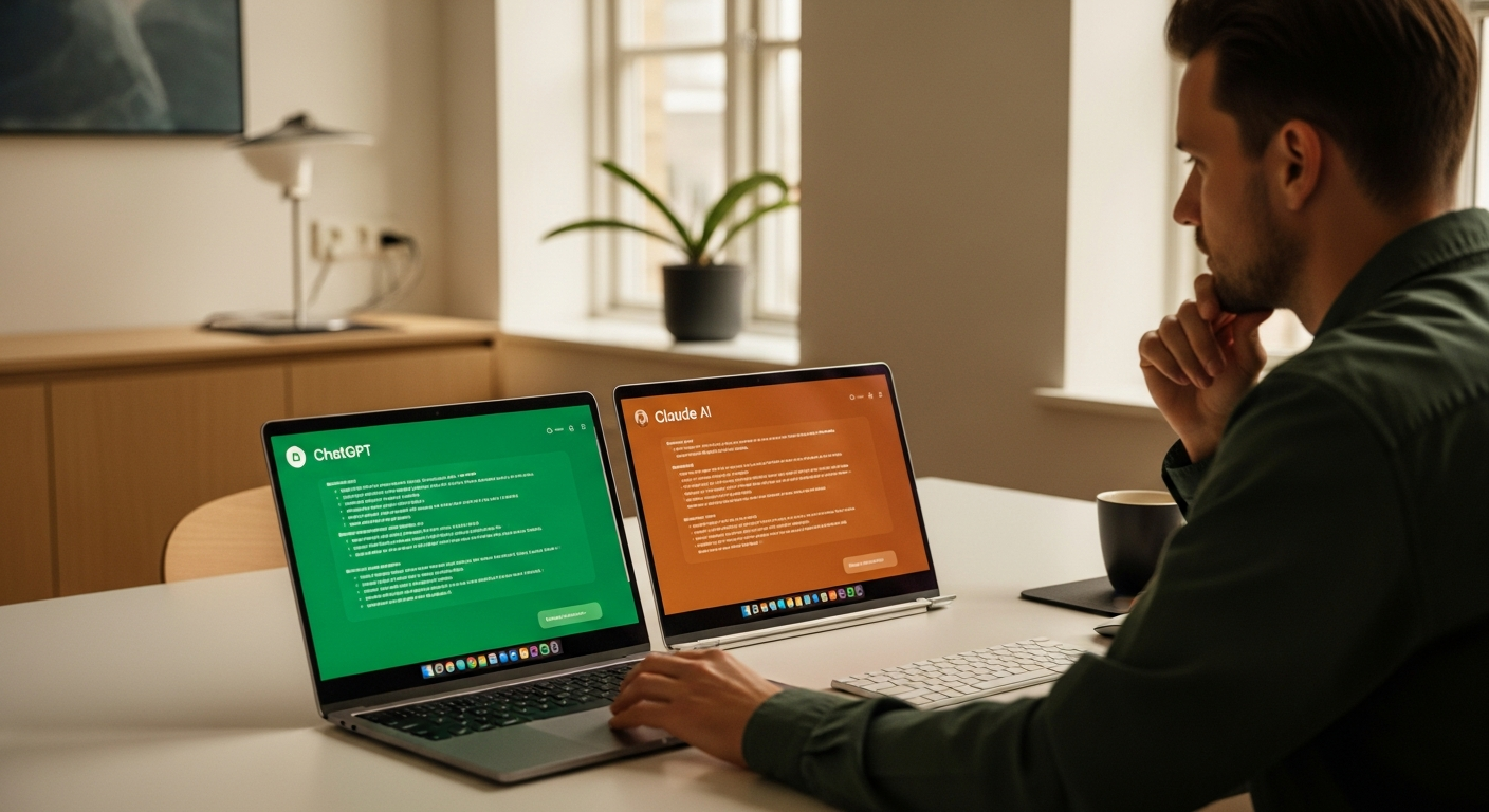 Professional die ChatGPT en Claude naast elkaar vergelijkt op twee schermen