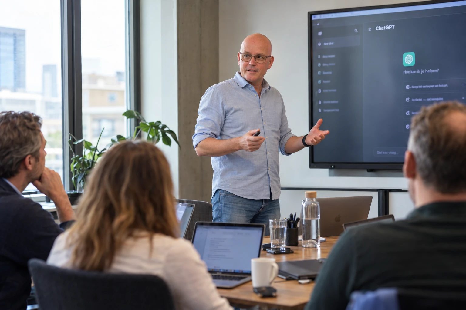 Jan van der Meer geeft een AI-training voor een groep deelnemers, met ChatGPT op het scherm